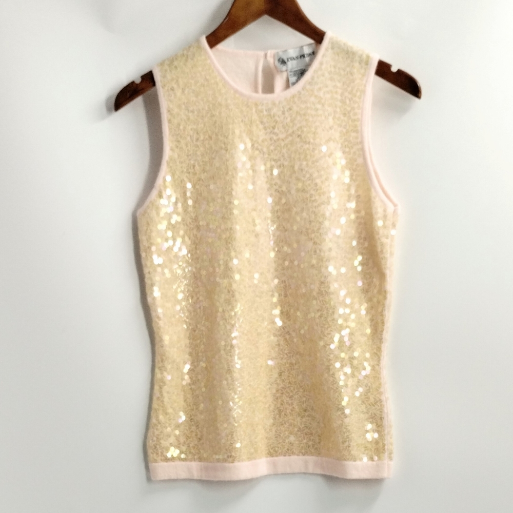 Evan Picone Pale Gold Sequin Sleeveless Scoop Neck Sweater